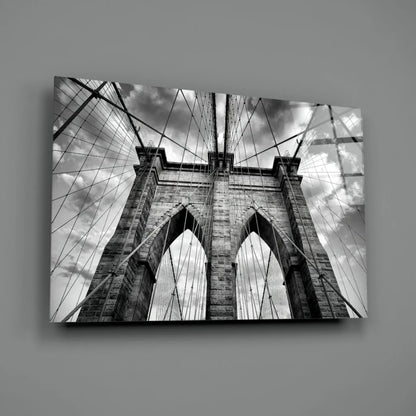 Black-and-white Brooklyn Bridge glass wall art print