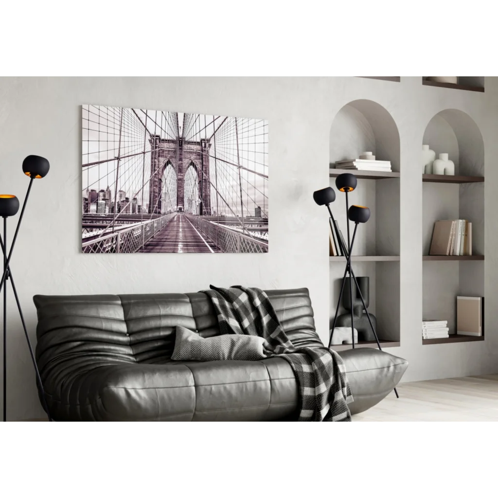 Black-and-white Brooklyn Bridge canvas wall art print on wall