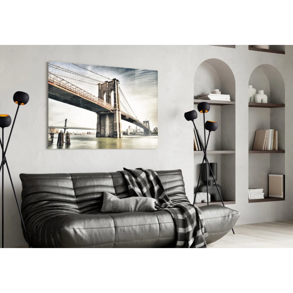 Sepia Brooklyn Bridge glass wall art print on canvas, wall decor