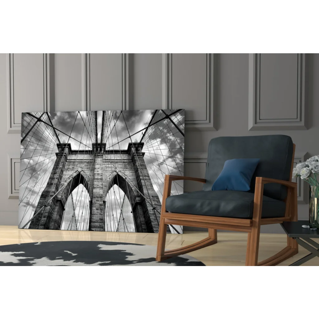 Black-and-white Brooklyn Bridge glass wall art canvas print