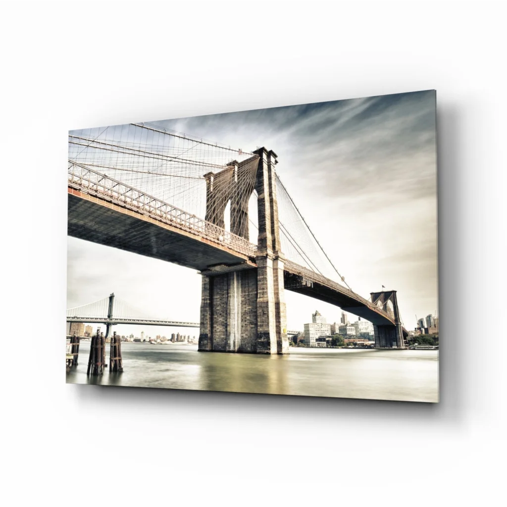 Sepia Brooklyn Bridge glass wall art print in frame