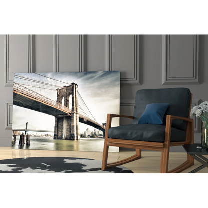 Sepia Brooklyn Bridge glass wall art print with iconic towers