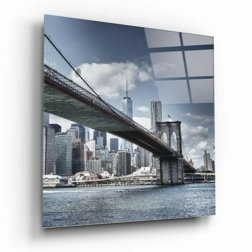 Sleek Brooklyn Bridge glass wall art with NYC skyline view