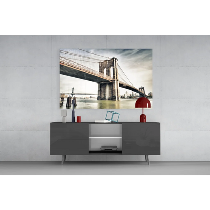 Modern gray console table under Brooklyn Bridge sepia glass wall art