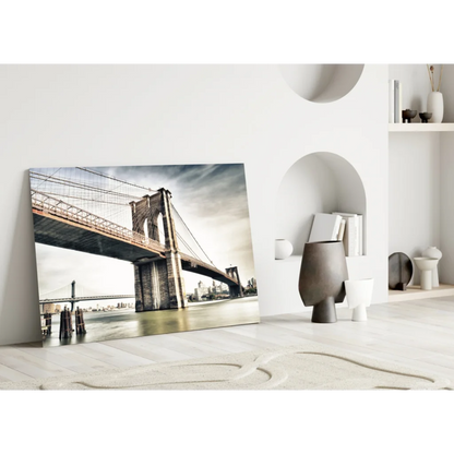 Sepia-toned Brooklyn Bridge glass wall art print in frame