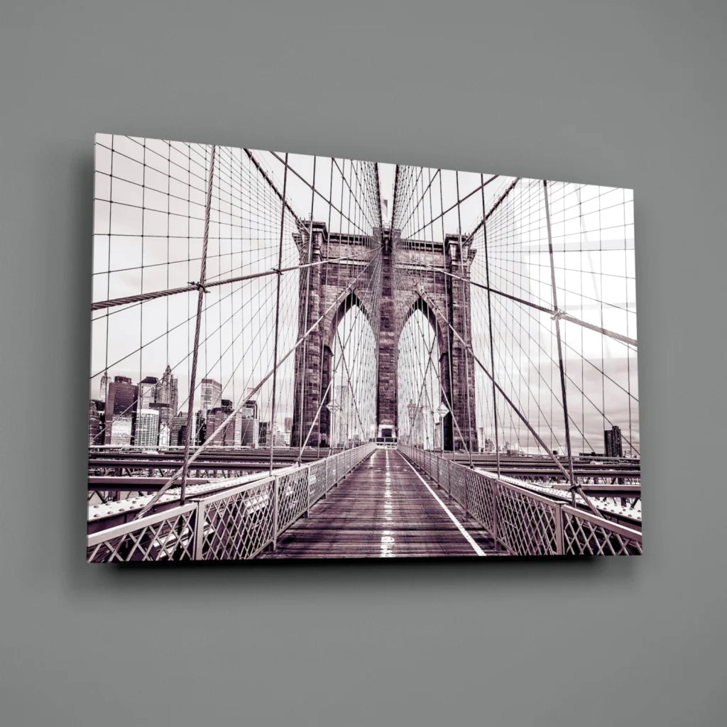 Black and white Brooklyn Bridge canvas wall art with purple tint