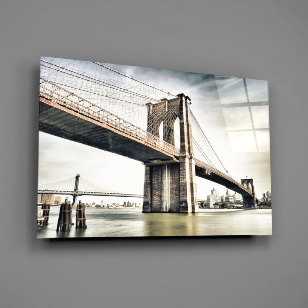 Sleek Brooklyn Bridge sepia glass wall art print in black-and-white