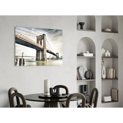 Framed Brooklyn Bridge sepia monochrome glass wall art print on white wall