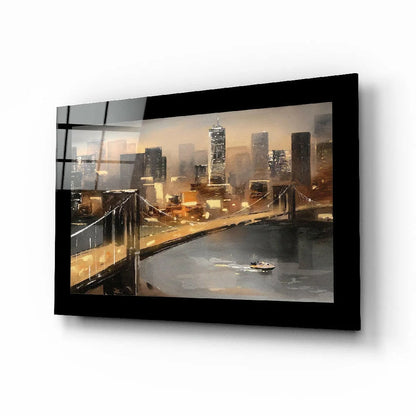 Stunning glass wall art with black-framed cityscape bridge design
