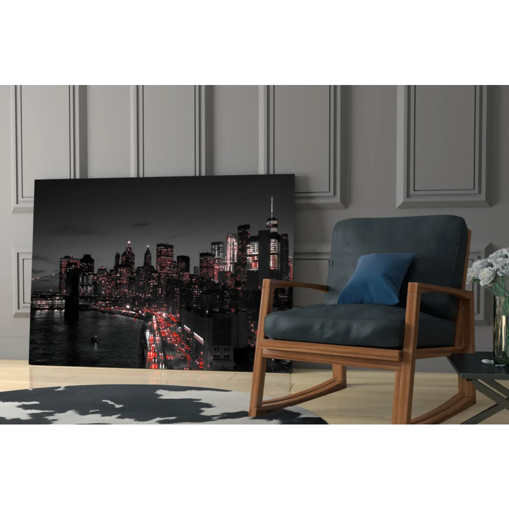 Black and white Brooklyn Bridge canvas wall art print with red lights