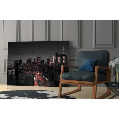 Black and white Brooklyn Bridge canvas wall art print with red lights