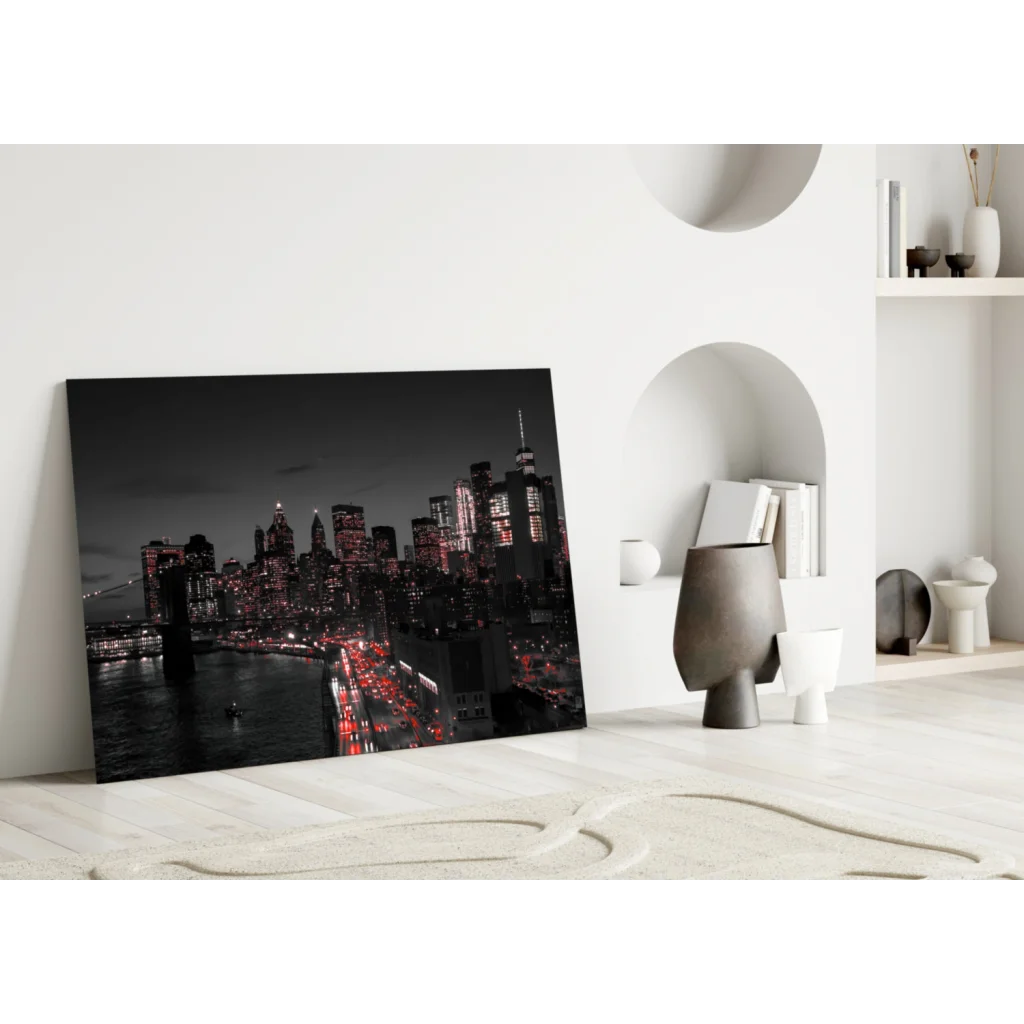Brooklyn Bridge canvas wall art print in black and white with red highlights