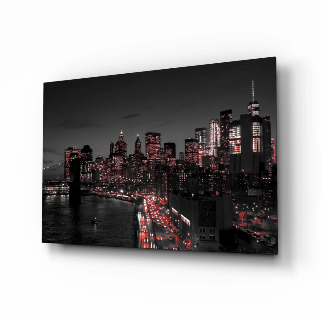 Brooklyn Bridge red accent canvas wall art with city skyline
