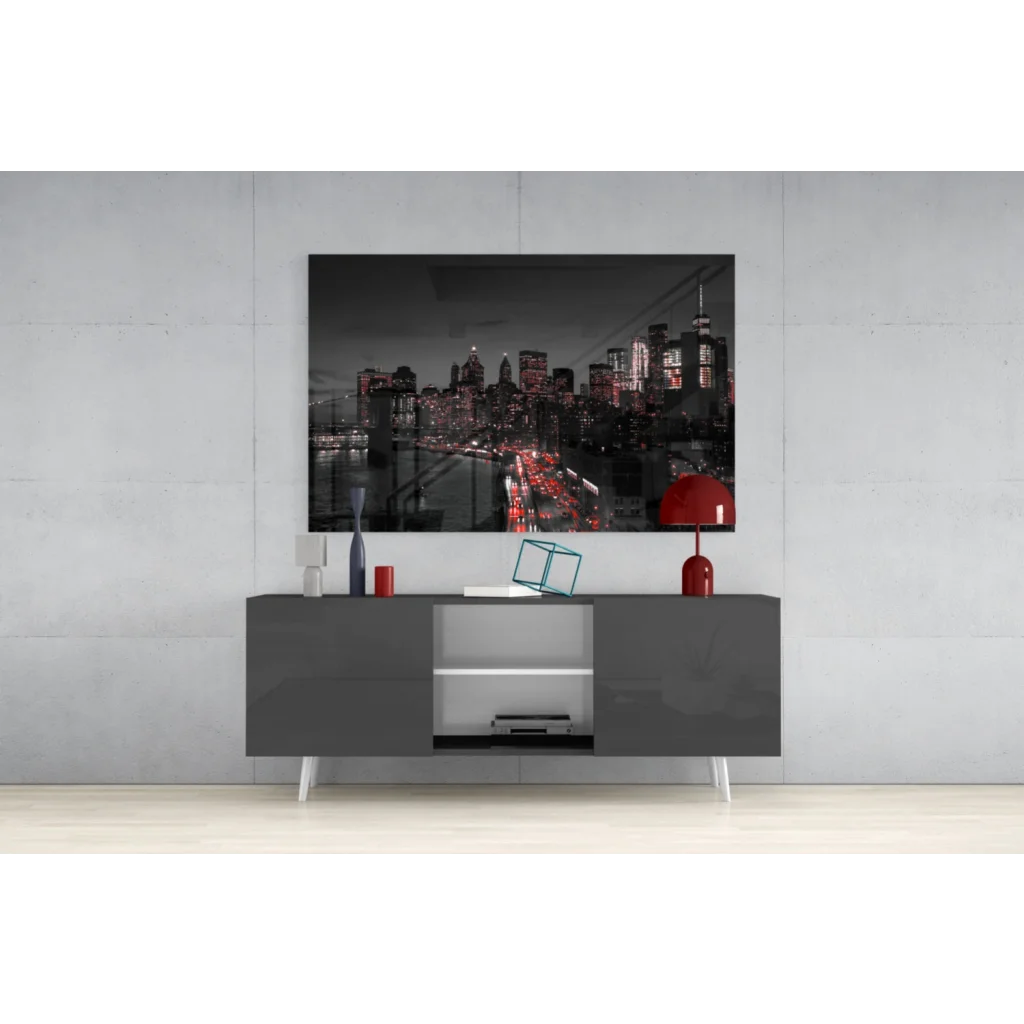 Modern Brooklyn Bridge glass wall art in black and white with red accents
