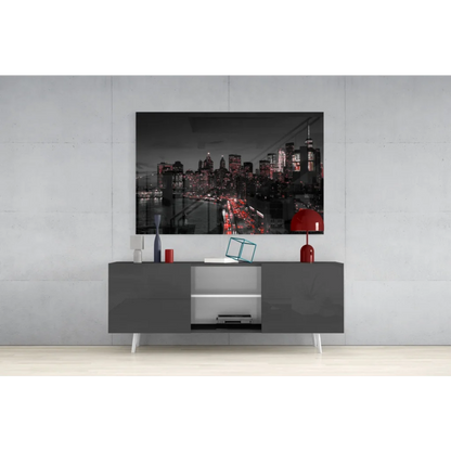 Modern Brooklyn Bridge glass wall art in black and white with red accents