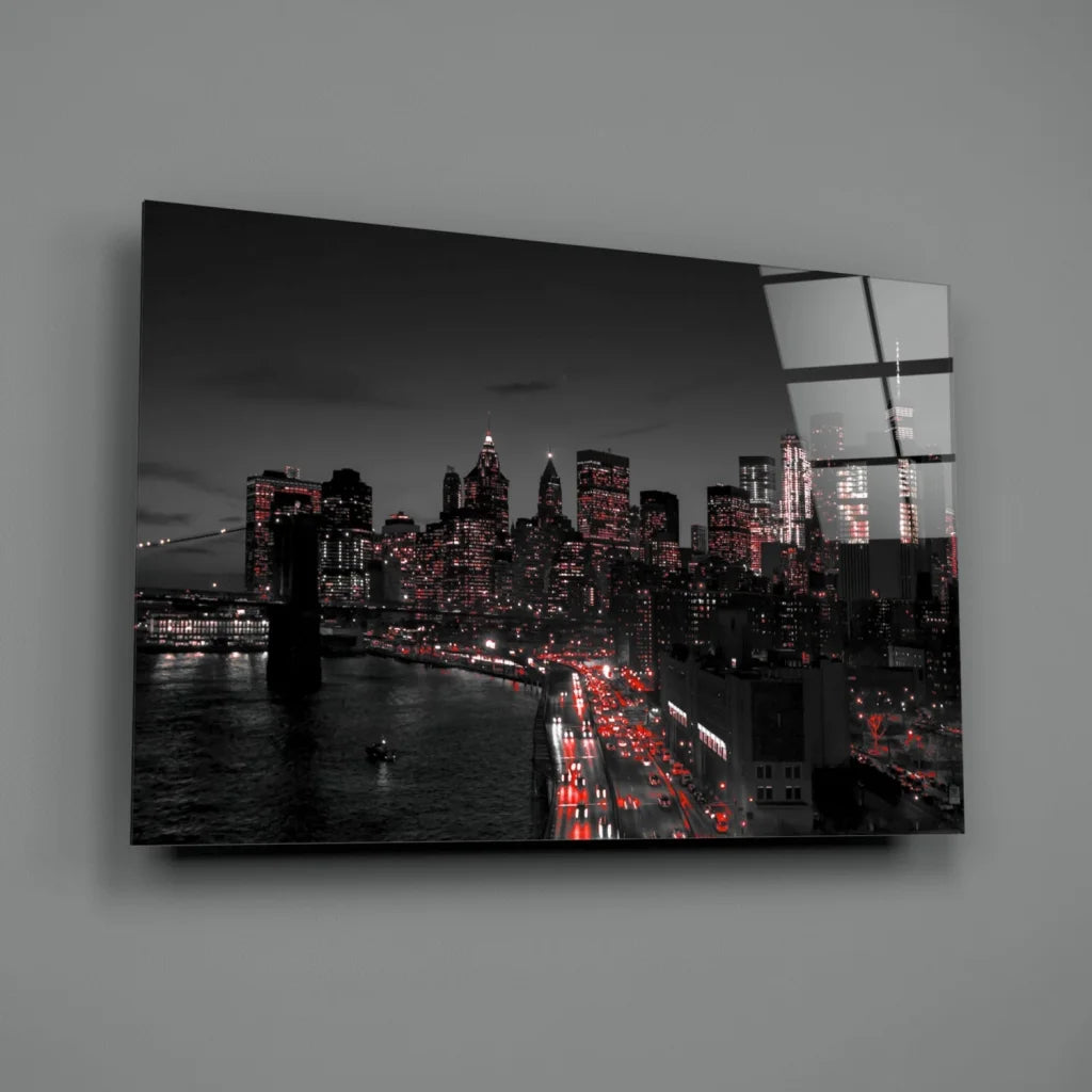 Black and white Brooklyn Bridge canvas wall art with red accents
