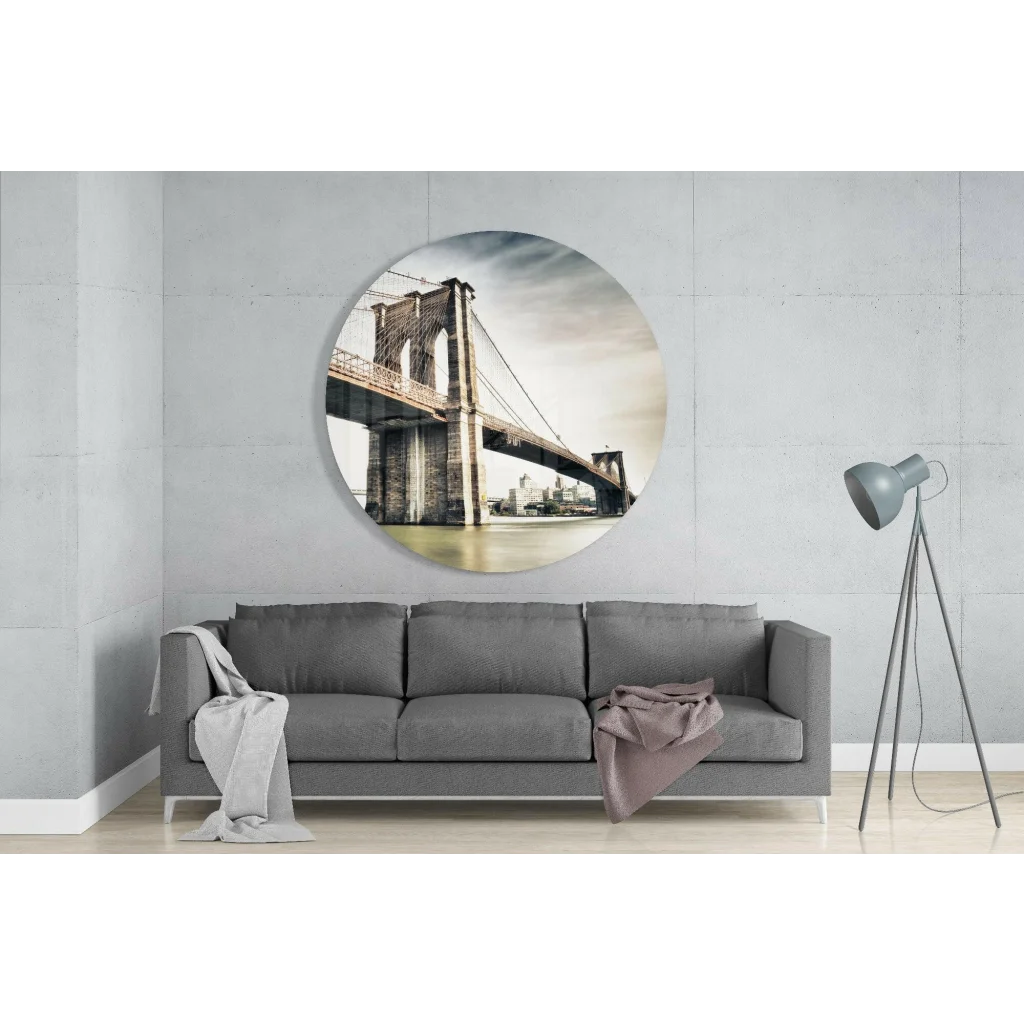 Sepia Brooklyn Bridge photo on tempered glass art circle