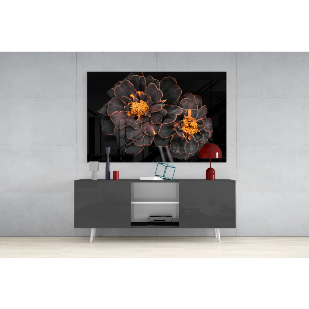 Stunning black marigold glass wall art with glowing golden peony blooms