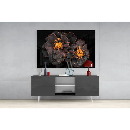 Stunning black marigold glass wall art with glowing golden peony blooms