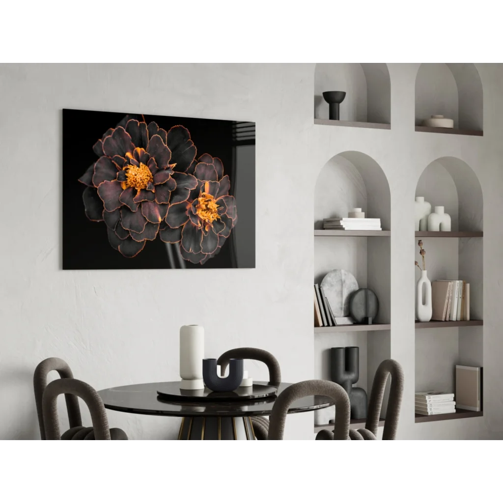 Stunning black marigold wall art with golden blooms on sleek canvas