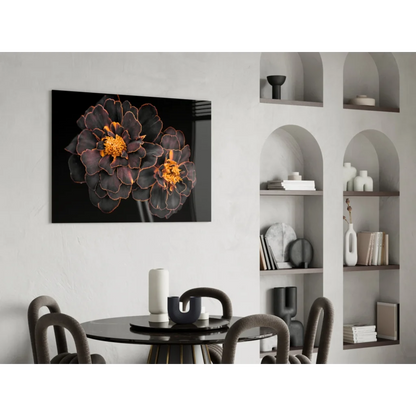 Stunning black marigold wall art with golden blooms on sleek canvas