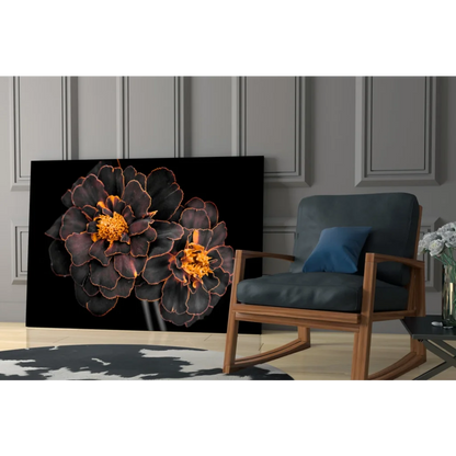 Stunning black marigold wall art with glowing golden blooms