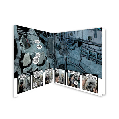 Open Bruce Dickinson Mandrake Project comic with industrial-themed two-page spread