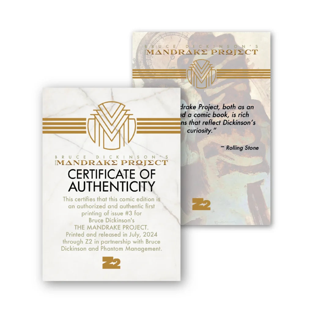 Certificates of authenticity for Bruce Dickinson Mandrake Project comic book featuring Tony Lee