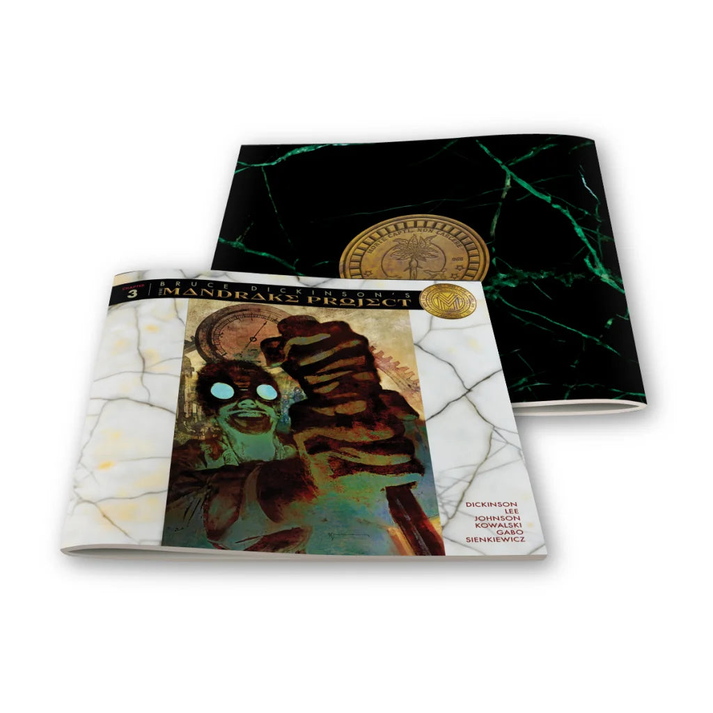 Two graphic novels with marble covers from Bruce Dickinson Mandrake Project comic book