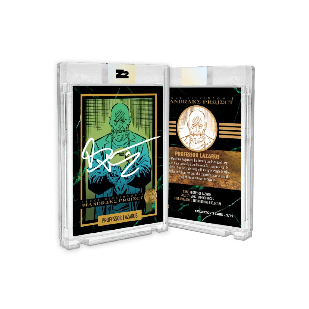 Bruce Dickinson Mandrake Project collectible trading cards in clear cases for fans