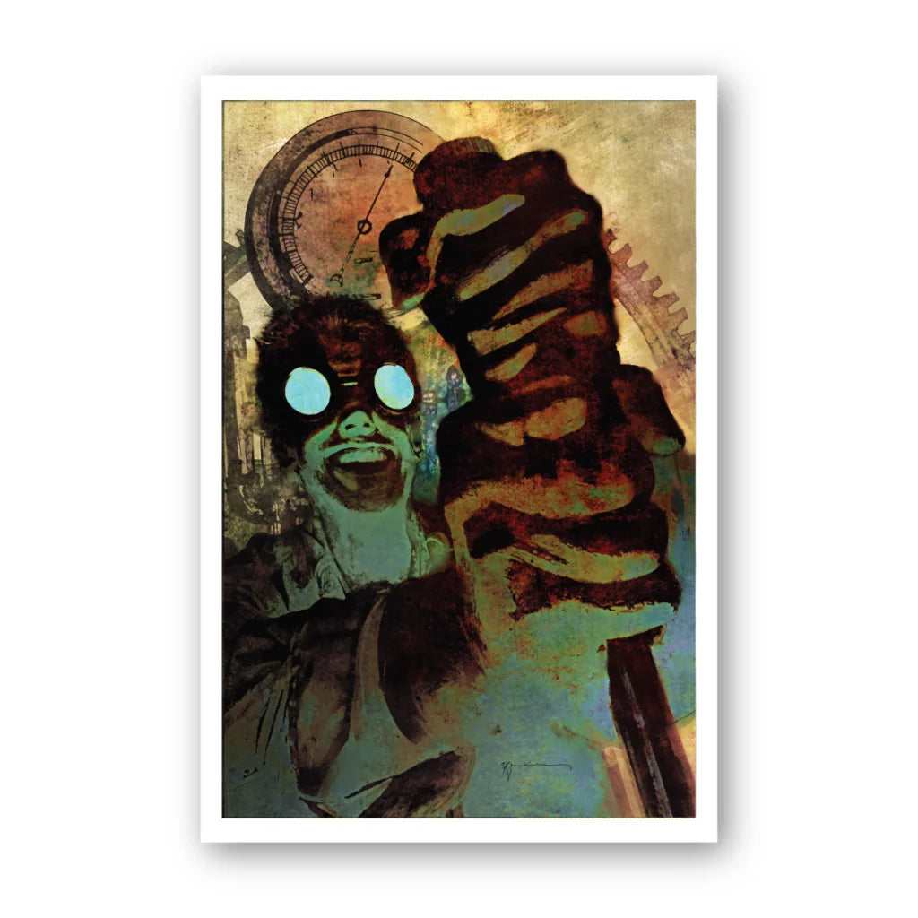 Steampunk Bruce Dickinson Mandrake Project poster with goggles and clockwork background