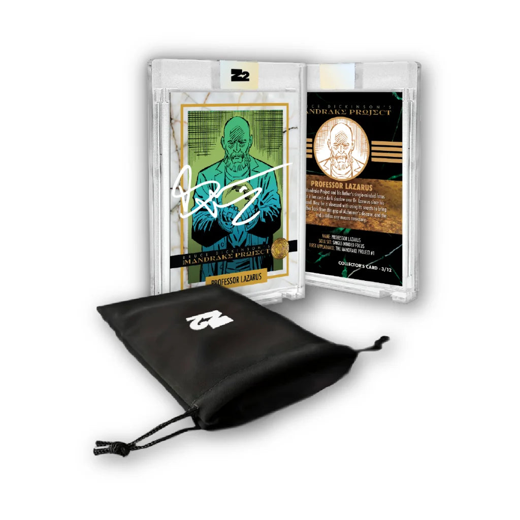 Black drawstring pouch with graded collector’s cards from Bruce Dickinson Mandrake Project bundle