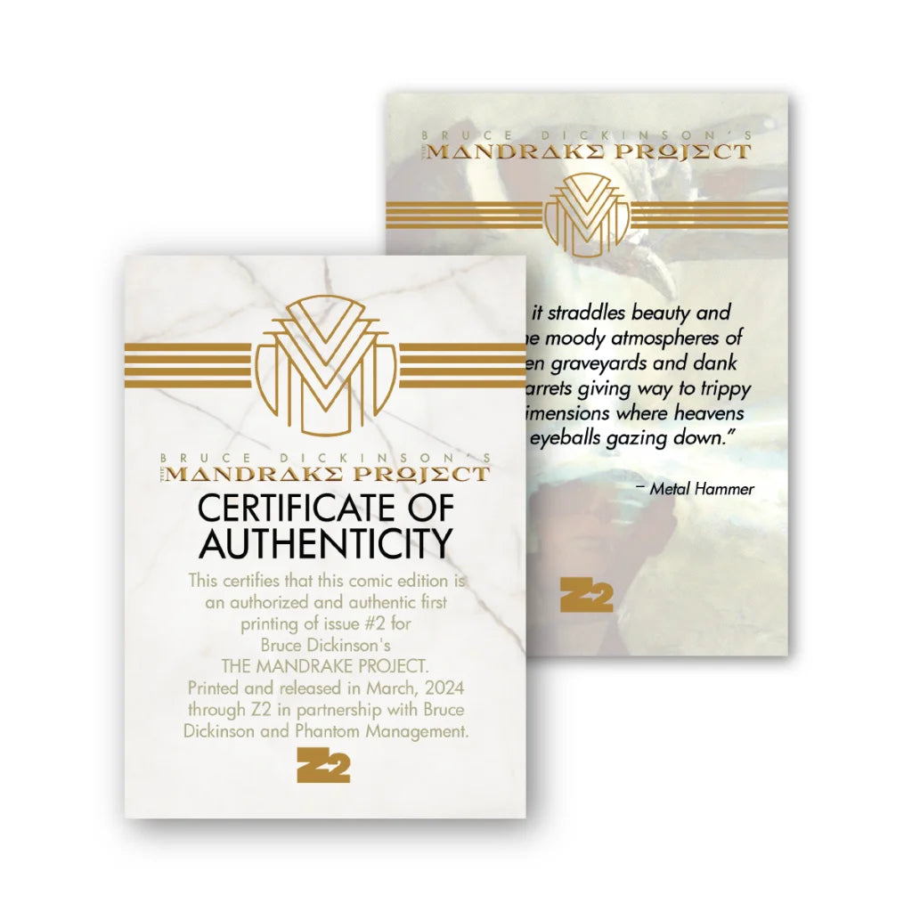 Collectible authentication cards for Bruce Dickinson Mandrake Project comic set