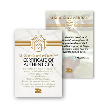 Collectible authentication cards for Bruce Dickinson Mandrake Project comic set