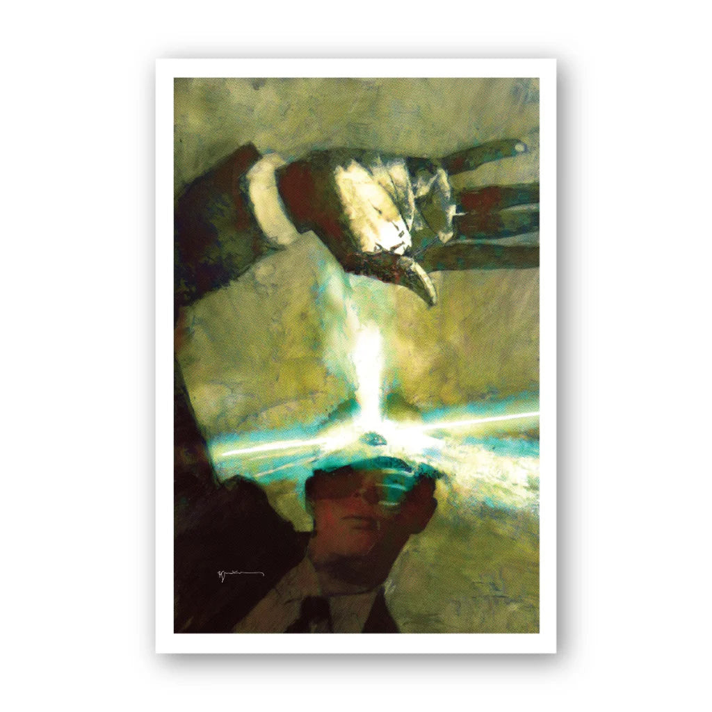 Dark-suited hand reaching for glowing ethereal object from Bruce Dickinson Mandrake Project set