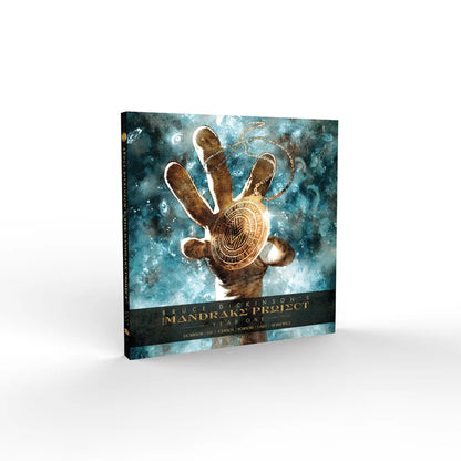 Graphic novel cover featuring a mystical hand and glowing amulet for Bruce Dickinson Mandrake Project with Mandrake Dial