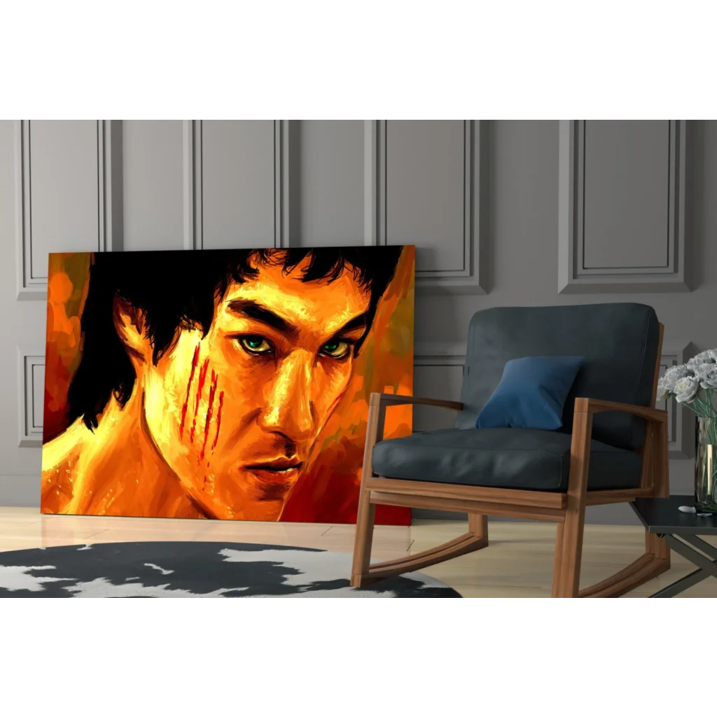 Vibrant Bruce Lee canvas wall art in fiery orange and yellow