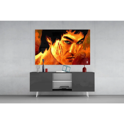 Bruce Lee abstract wall art in vibrant orange and red on gray console