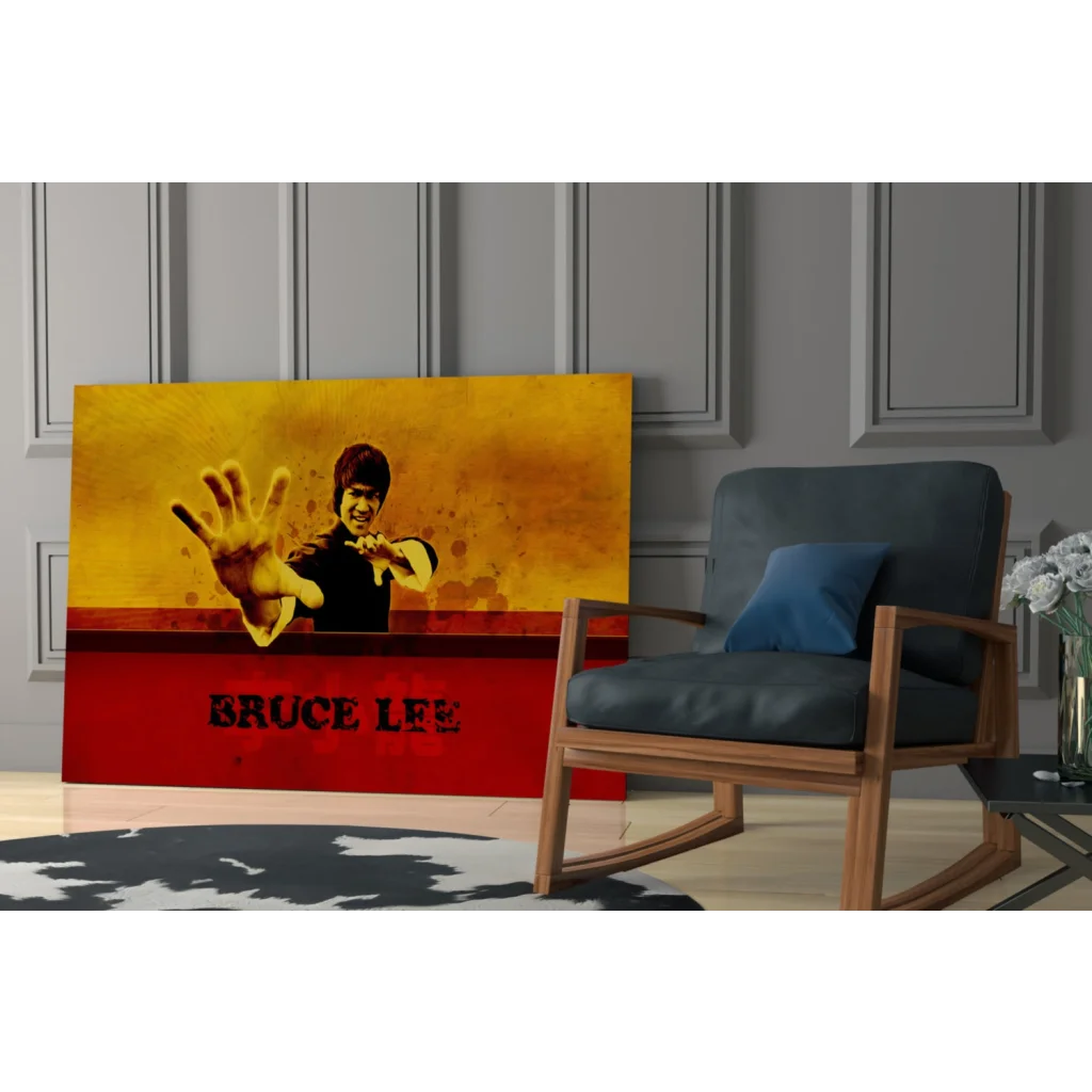 Bruce Lee martial arts pose on vibrant yellow red canvas wall art print