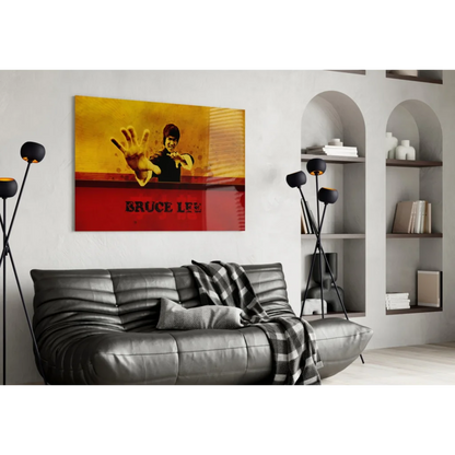 Bruce Lee dynamic martial arts pose in vibrant yellow red wall art