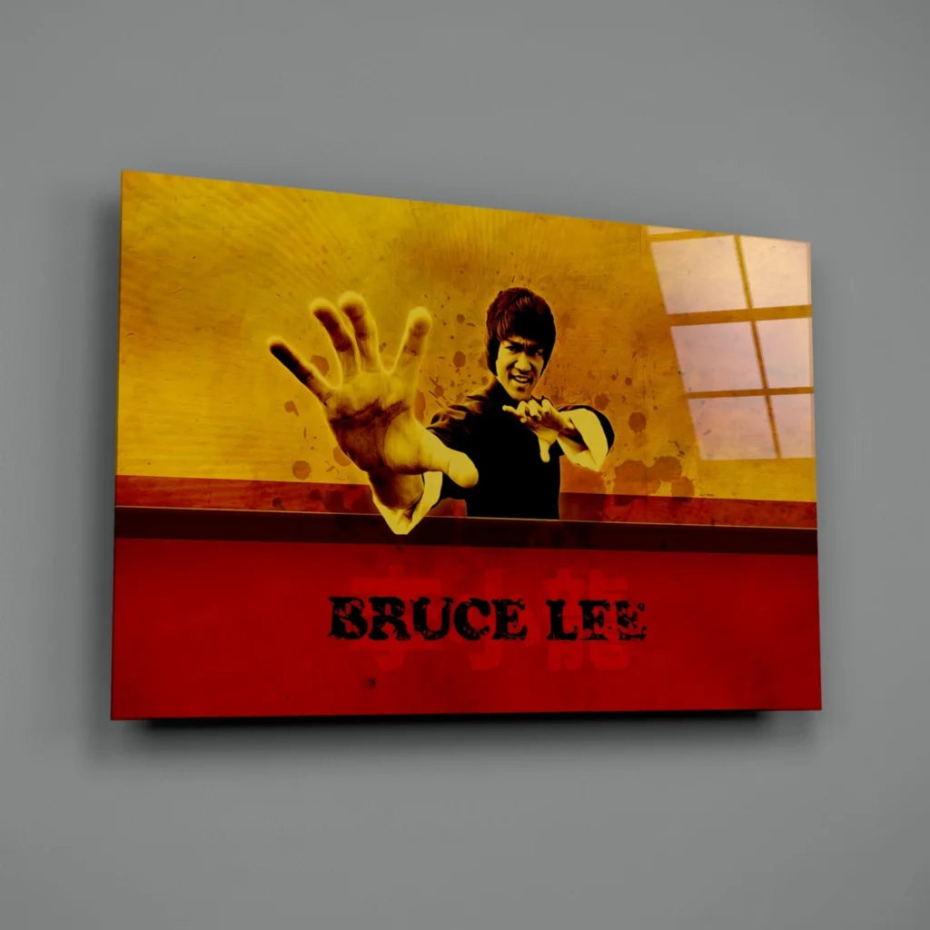 Bruce Lee martial arts pose on yellow red canvas wall art print