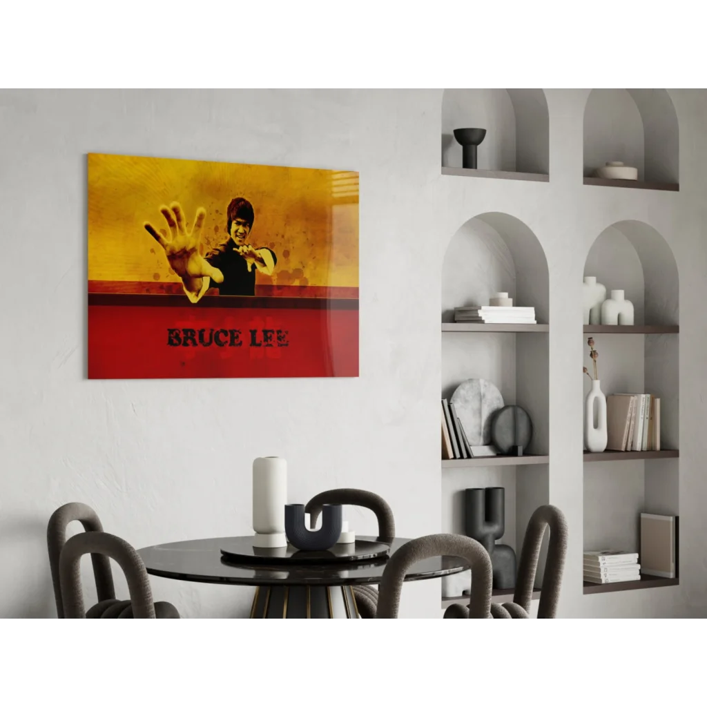 Bruce Lee dynamic martial arts pose in vibrant yellow red wall art