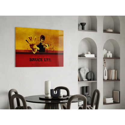 Bruce Lee dynamic martial arts pose in vibrant yellow red wall art