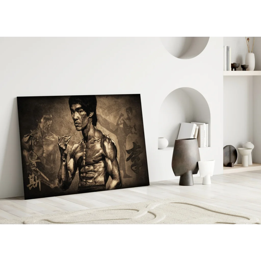 Sepia Bruce Lee canvas wall art with muscular martial arts stance and Chinese calligraphy