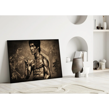 Sepia Bruce Lee canvas wall art with muscular martial arts stance and Chinese calligraphy