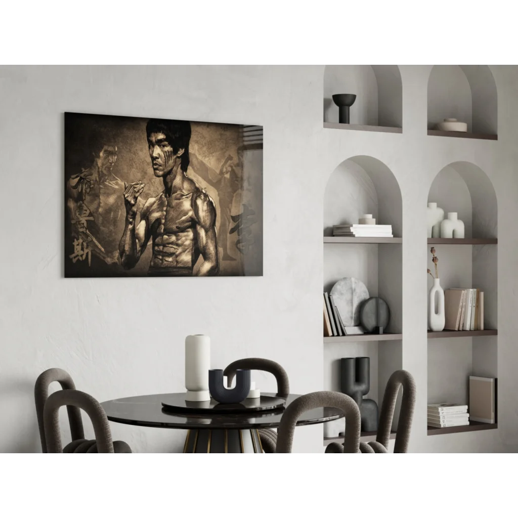 Sepia Bruce Lee martial arts pose canvas wall art with Chinese calligraphy