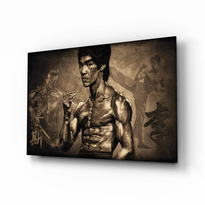 Sepia-toned Bruce Lee canvas wall art in fighting stance with Chinese calligraphy