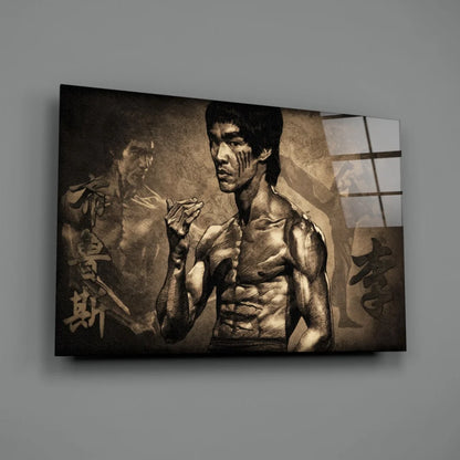 Sepia-toned Bruce Lee canvas wall art in martial arts stance with Chinese calligraphy