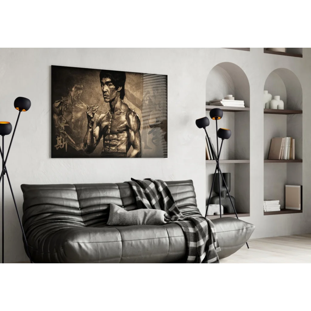 Sepia Bruce Lee canvas wall art in fighting stance with Chinese calligraphy