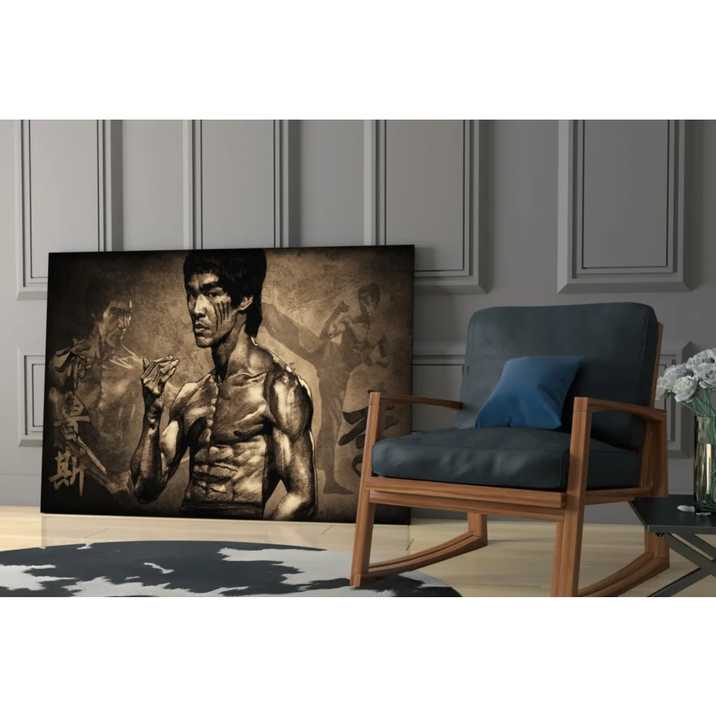 Sepia-toned Bruce Lee canvas wall art in fighting stance with Chinese calligraphy